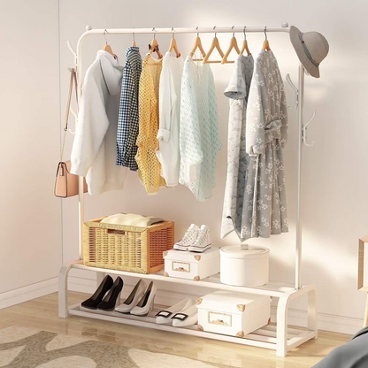 Clothes Rack, Double-Rod Clothing Rack, Garment Rack, For Boxes Shoes Boots Storage, Metal Frame, White