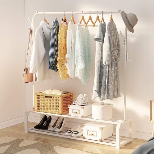 Clothes Rack, Double-Rod Clothing Rack, Garment Rack, For Boxes Shoes Boots Storage, Metal Frame, White