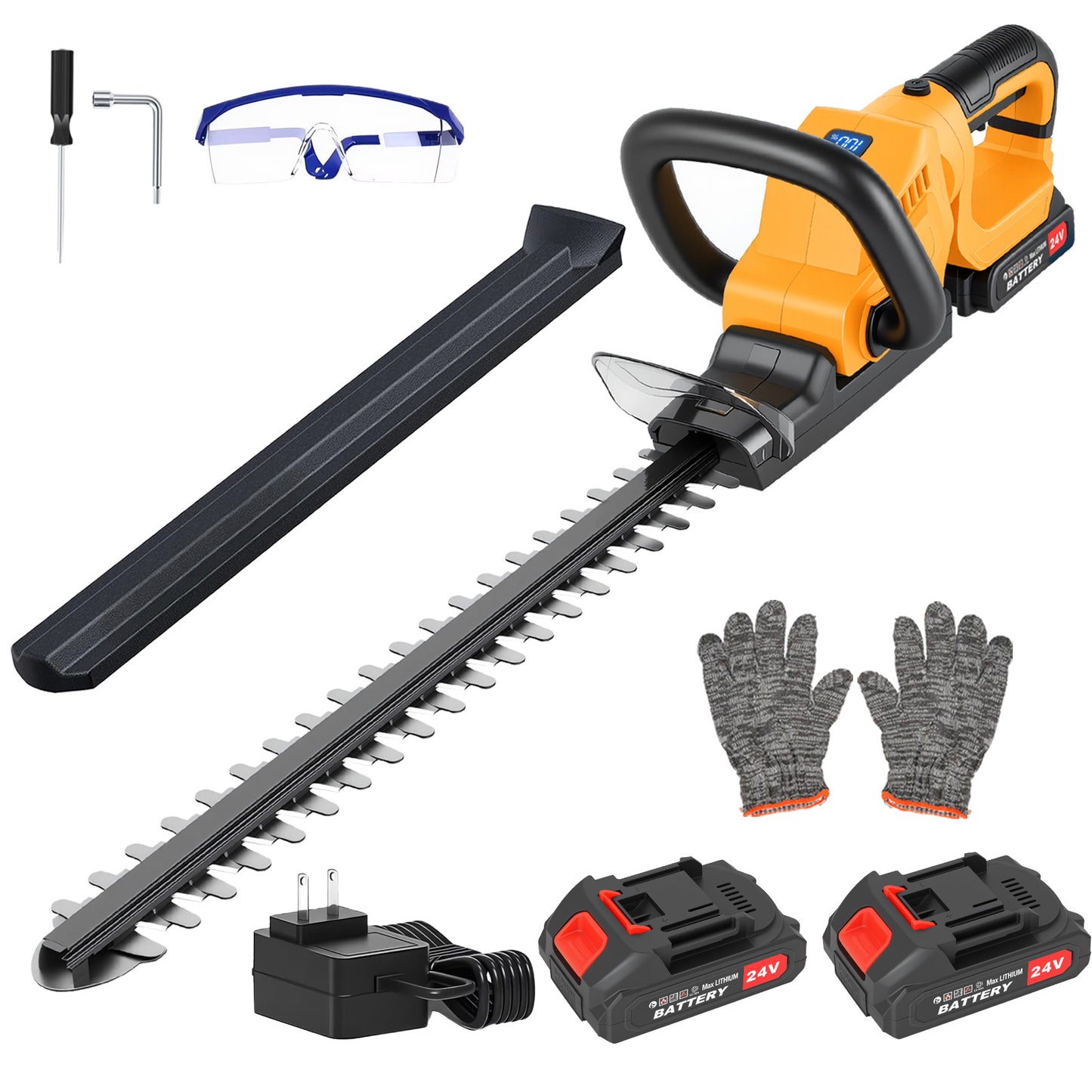 22" Cordless Hedge Trimmer with 180～ Rotatable Head, 21V Electric Bush Trimmer with 2 x 2000mAh Batteries, 1000W 24000r/min Motor, 70Mn Steel Blade for Garden Yard, Yellow
