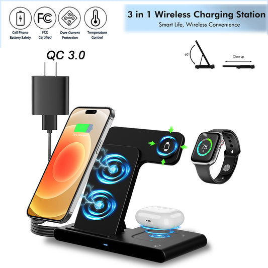 Wireless Charger, 3 in 1 Magnetic Charging Station 15W Fast Charging for iPhone 15 14 13 12 11 Pro Max, Compatible with iWatch 9-2, AirPods Pro, Portable, Foldable and Adjustable Angle,Clearance