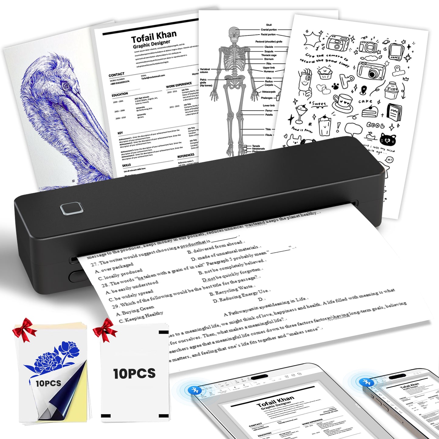Thermal Printer for Travel, Supports US Letter, A4, A5, B5 Thermal Paper, Portable Wireless Inkless Phone Printer for Home Office, Compatible with Android iOS Phone & Laptop, Black