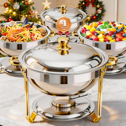 Chafing Dish Buffet Set, 5.3 QT Stainless Steel Round Buffet Food Warmer Chafers Set for Parties Catering Event, Lid Holder 4PCS