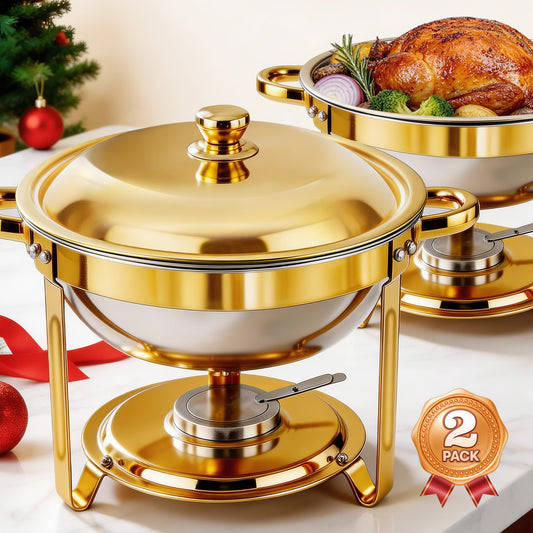 Chafing Dishes for Buffet, 2 Pack Round Stainless Steel Chafing Dish Buffet Set with Lid Holder, 5.3 QT Food Warmers for Parties Buffet, Catering Supplies Buffet Display for Party, Wedding