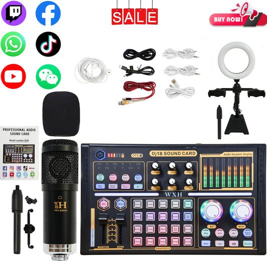 Podcast Equipment Bundle, Recording Studio Package Perfect for Recording, Broadcasting, Live Streaming, DJ18 Voice Changer with WXH1000 Microphone