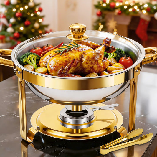 CATGOOD 1 Pack with Tongs 6QT Round Chafing Dish Buffet Set, Warmer with Glass Lid & Gold Stand, Smooth Thick Edge, Easy Clean, Side Lid Rest for Party