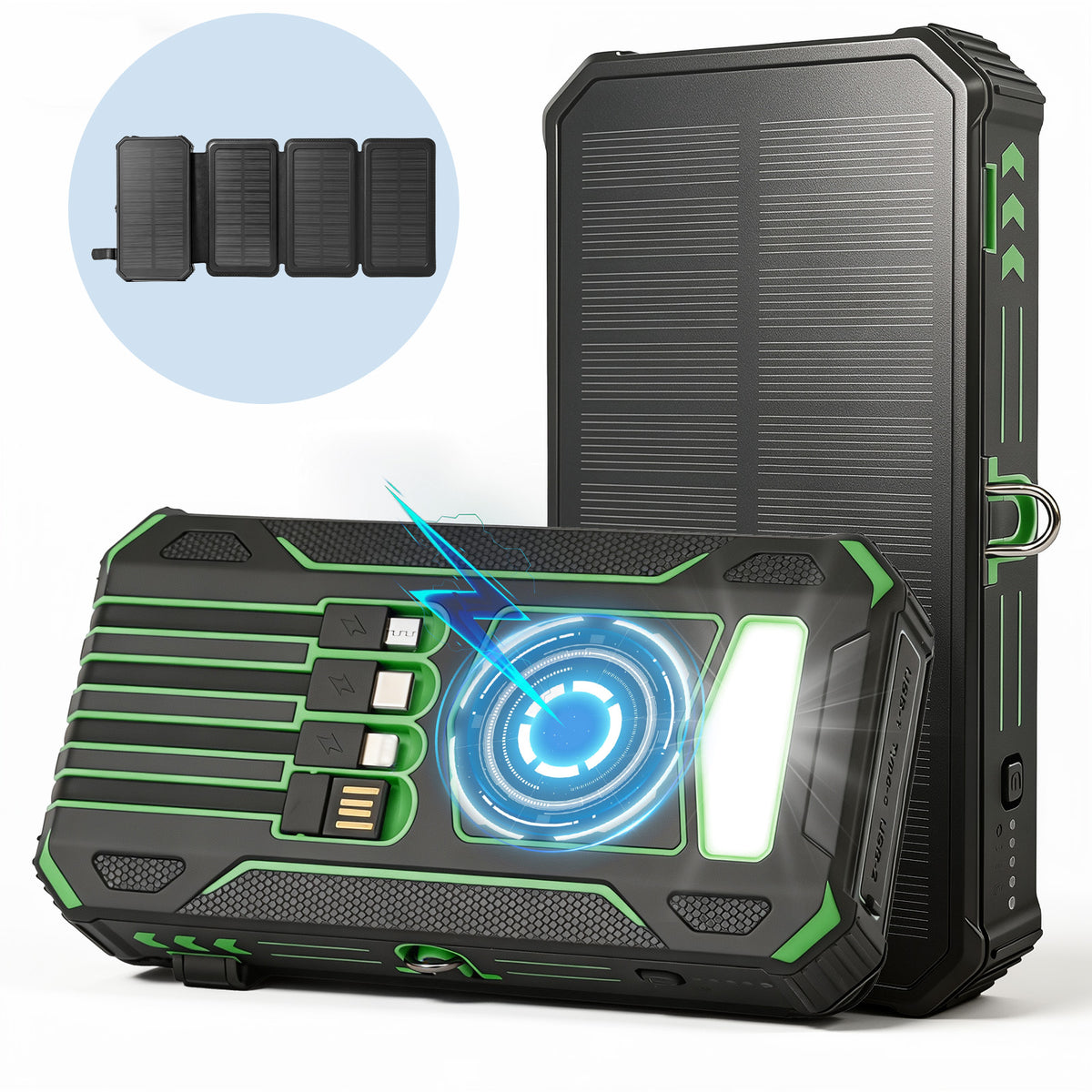 Solar Power Bank 46800mAh, PD15W Fast Charging Solar Charger with 4 Built-in Cables & Wireless Charging, Portable Solar Charger for Cell Phone, Solar Battery Pack for Camping (Green)