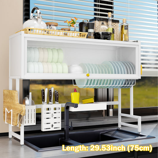 2-Tier Drying Rack for Dishes, Multi-Functional Over the Sink Dish Rack for Drying Dishes, Glasses, Bowls, and Utensils, White, Length-29.53"