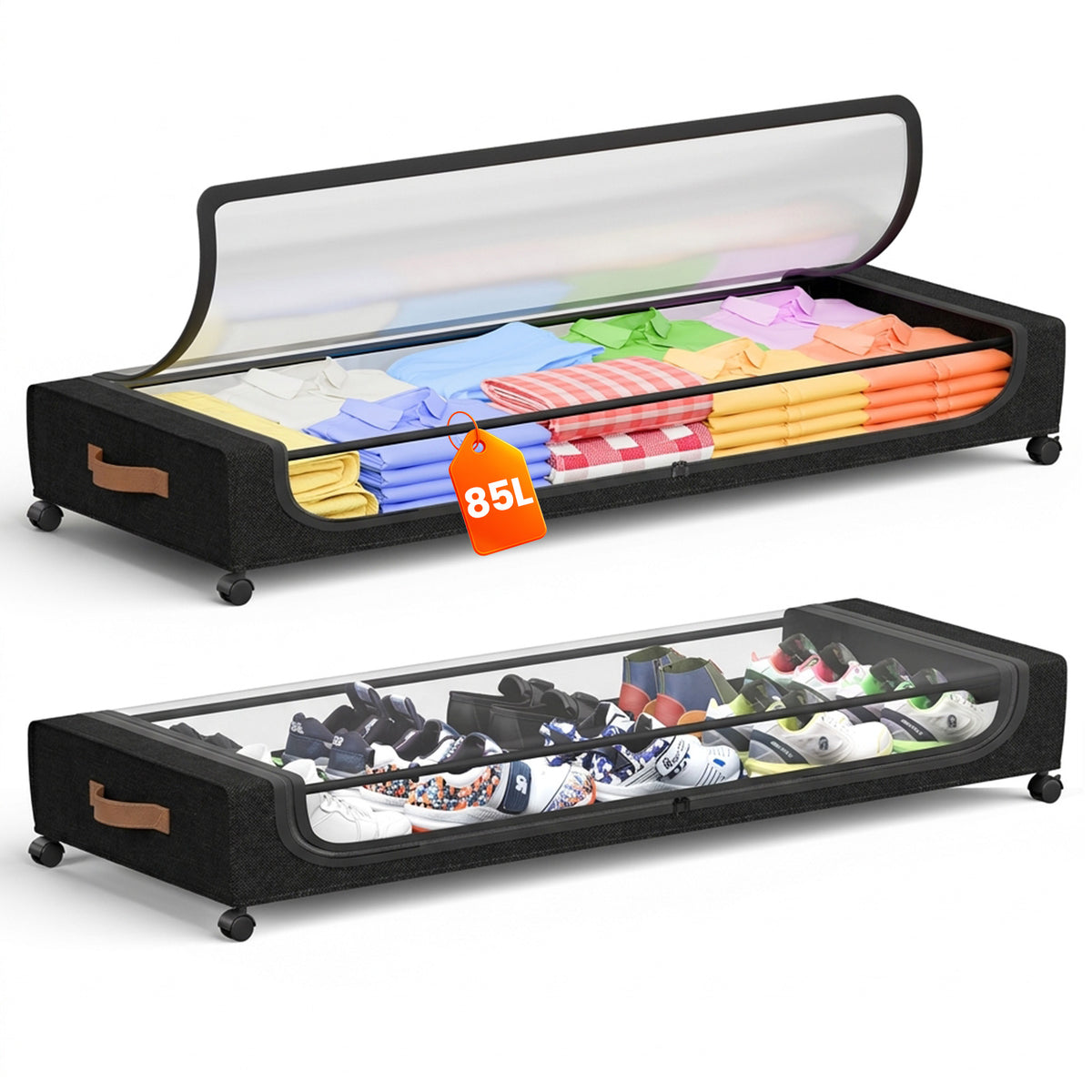 85L Under Bed Storage with Wheels, 2-Pack XXL Underbed Storage Containers with Clear Lid, Rolling Organizer Bins for Clothes, Shoes, Blankets (Black)