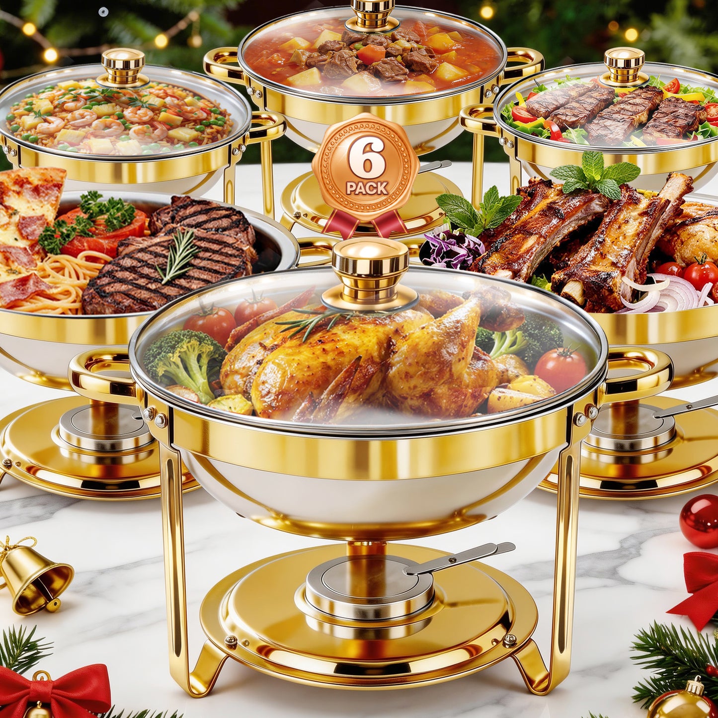 CATGOOD 6 Pack Chafing Dish Buffet Set, 6QT Stainless Steel Food Warmers with Glass Lids & Gold Stands, Buffet Servers & Chafer Set for Parties, Weddings, Catering, Home Banquet