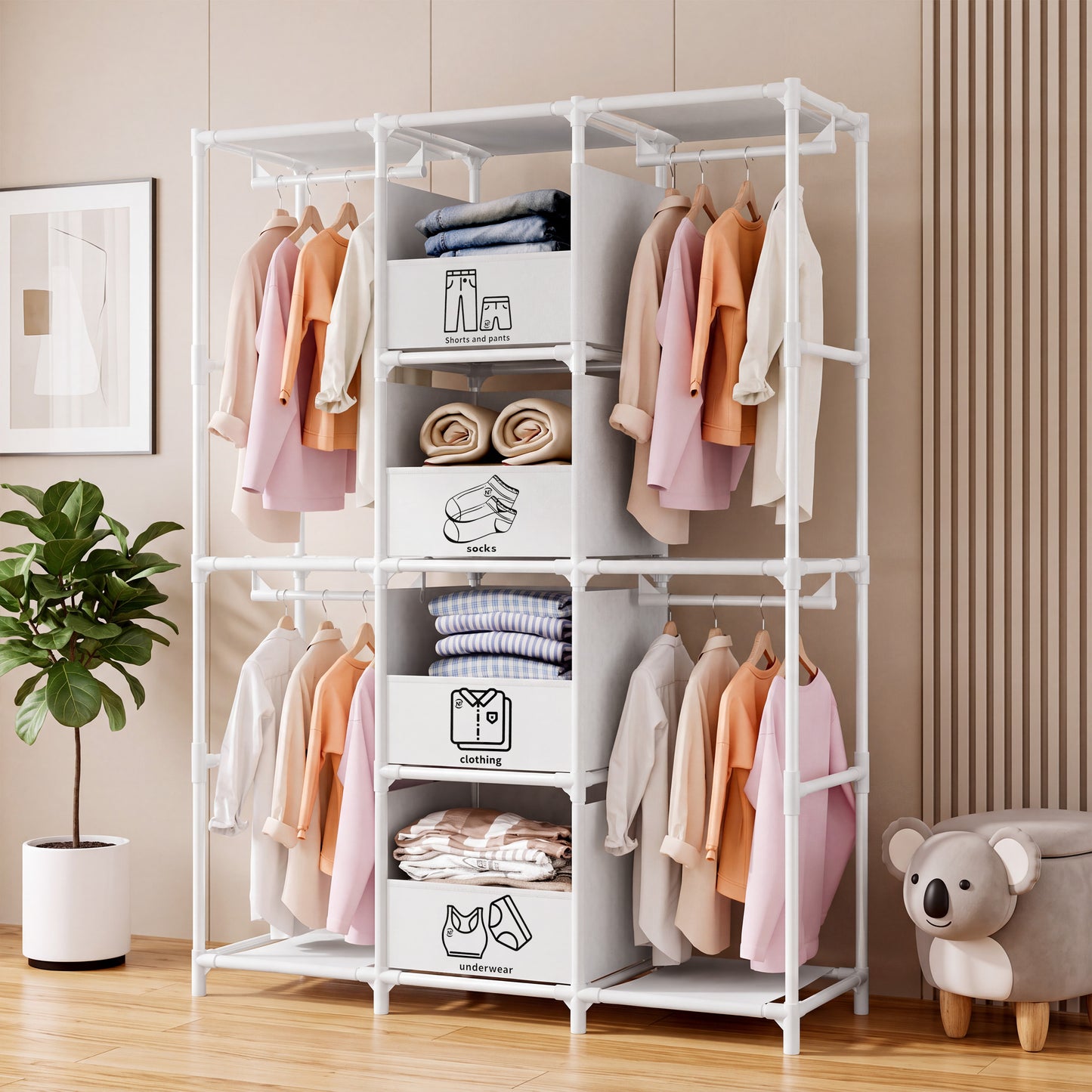Portable Closet, Wardrobe Closet for Hanging Clothes with 4 Storage Drawers, Freestanding Closet Organizers and Storage for Bedroom, White