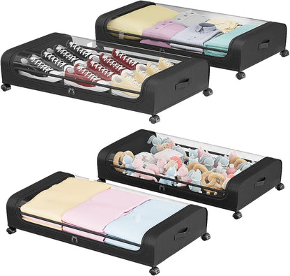 Under Bed Storage with Wheels, 2 Pack Under Bed Storage Containers with Dividers & Clear Lids, Under Underbed Storage with Wheels for Clothes (Black, 4 Pack)