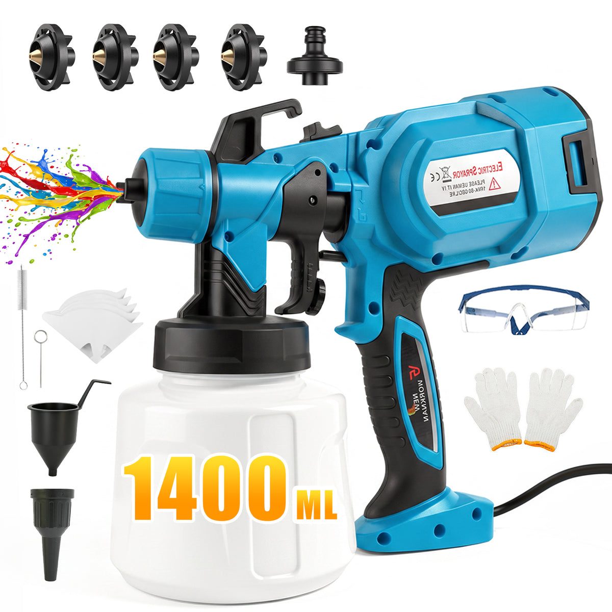 Baokaler Paint Sprayer, 1000W HVLP Electric Spray Gun with 1400ml Container, 4 Copper Nozzles & 3 Spray Patterns for Furniture, Cabinets, Walls, House Painting, Blue