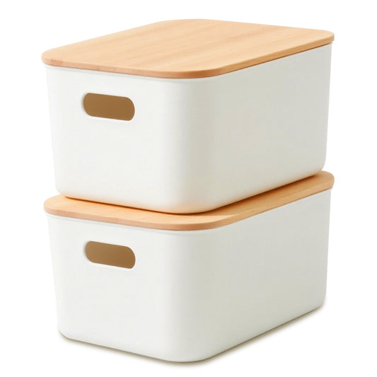 CATGOOD Storage Bins with Bamboo Lids 2 Pack, White Stackable Storage Bins with Lids for Kitchen, Cabinet, Bathroom, Plastic Storage Baskets, Premium Minimalist Boxes, 15"x10.24"x6.3"