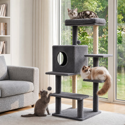 Sturdy 40-inch Cat Tree Tower with Cat Cave & Ramp Steps - Multi-Level Play & Sleep Center for Large Indoor Cats, Dark Gray