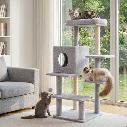 Sturdy Cat Tree: 40-Inch Indoor Cat Tower with Steps for Easy Climbing, Hiding Caves, Scratching Posts & Toys, Perfect for Big Cats