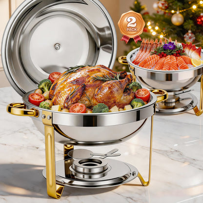 Chafing Dish Buffet Set, 5.3 QT Stainless Steel Round Buffet Food Warmer Chafers Set for Parties Catering Event, Lid Holder 2PCS