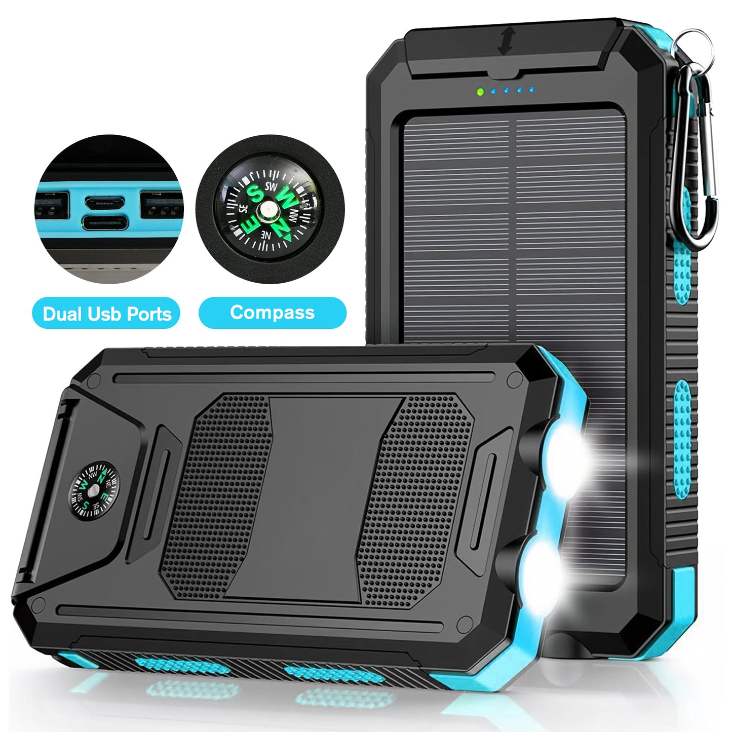 BAOKALER 30000mAh Solar Charger for Cell Phone iPhone, Portable Solar Power Bank with Dual 5V USB Ports, 2 Led Light Flashlight, Compass Battery Pack for Outdoor Camping Hiking(Blue)