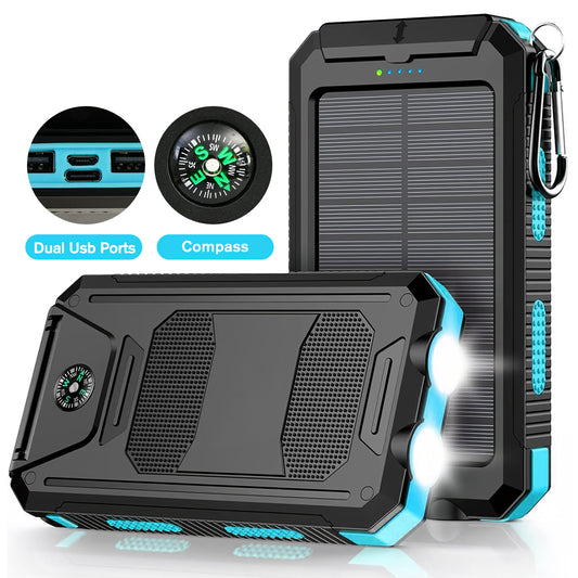 BAOKALER 30000mAh Solar Charger for Cell Phone iPhone, Portable Solar Power Bank with Dual 5V USB Ports, 2 Led Light Flashlight, Compass Battery Pack for Outdoor Camping Hiking(Blue)