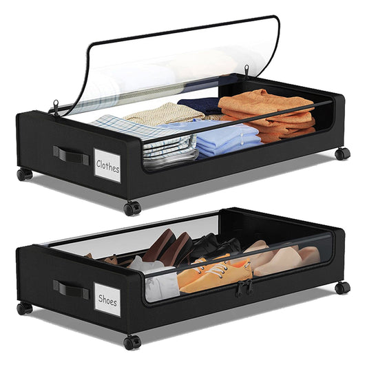 Under Bed Storage with Wheels, 2-Pack Under the Bed Storage Containers with Clear Lids & Label, Underbed Storage Bins, XXL 60L Rolling Metal Drawer for Clothes, Shoes, Toys, Books - Black