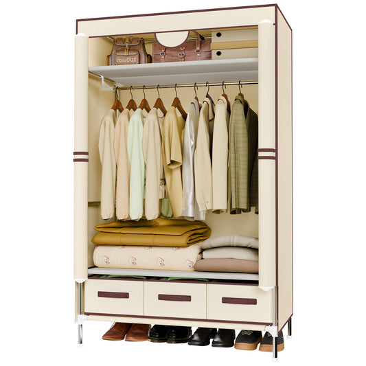 Durable Clothes Storage, Non-Woven Fabric Portable Closet Hanging Closet Organizers and Storage, Easy to Assemble, Includes 3 Storage Drawers, Ideal for Rentals, Dorms, Bedrooms, Beige