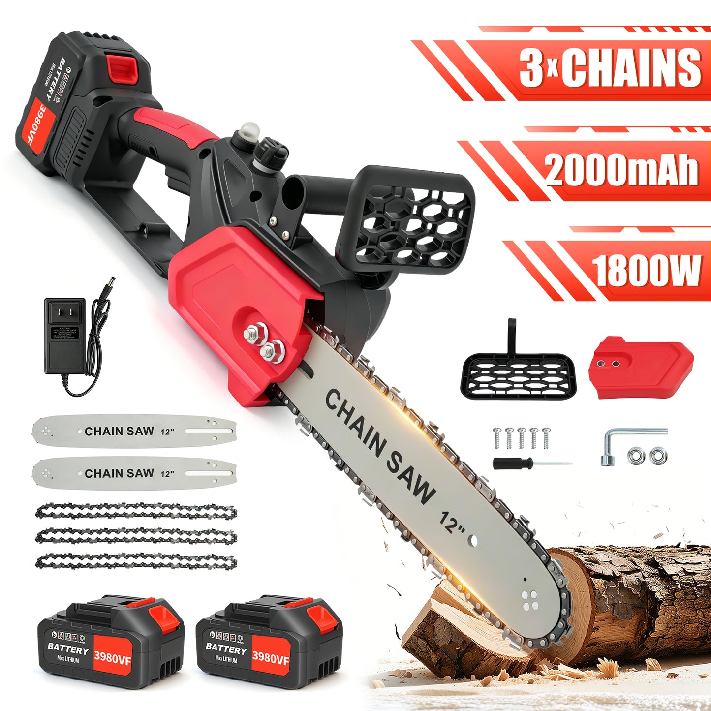 BAOKALER 12" 1800W Cordless Chainsaw, Handheld Electric ChainSaws with 2 x 2.0Ah Batteries & Fast Charger, 3 Chains & 2 Guide Bars, for Wood Cutting, Tree Pruning and Trimming, Red