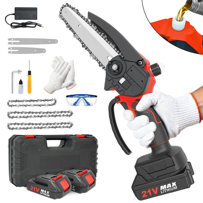 Mini Chainsaw Cordless, 6 inch & 4 inch Portable Electric Chainsaw with 2 Rechargeable Batteries and 3 Chains, for Tree Trimming Wood Cutting, Best Gifts for Father, Dad, Husband, Men, Red
