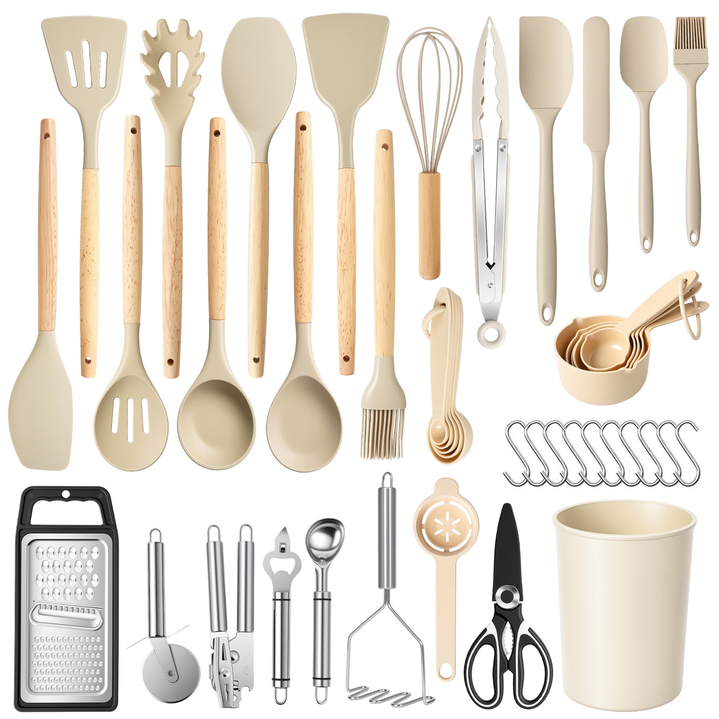 Silicone Cooking Utensils Set with Holder, 44 PCS Kitchen Utensils Set, Silicone Kitchen Gadgets Spatulas Set for Nonstick Cookware, Khaki