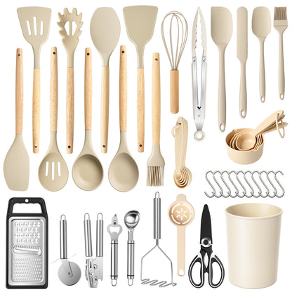 Silicone Cooking Utensils Set with Holder, 44 PCS Kitchen Utensils Set, Silicone Kitchen Gadgets Spatulas Set for Nonstick Cookware, Khaki