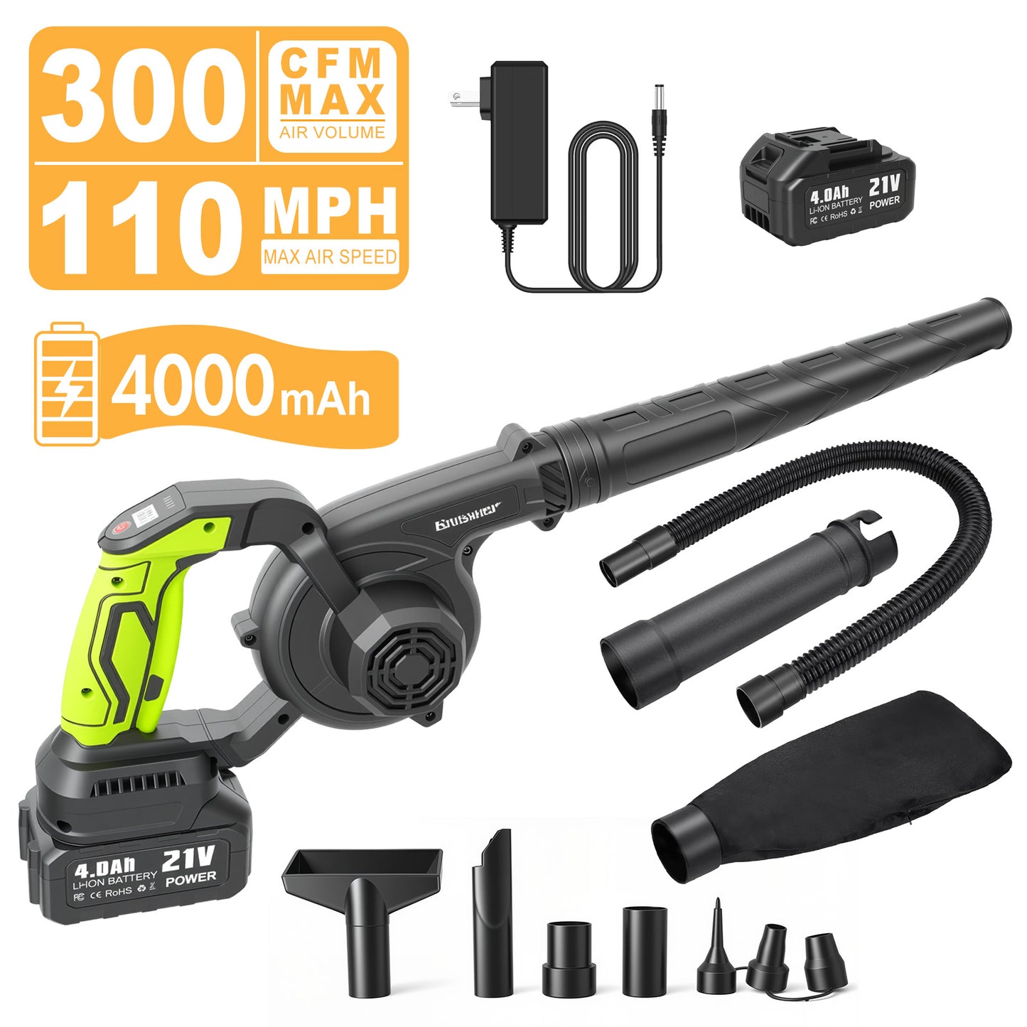 BAOKALER 21V 300CFM Leaf Blower, 2-in-1 Handheld Electric Vacuum with 4AH Battery, 3 Speed Modes and LED Display