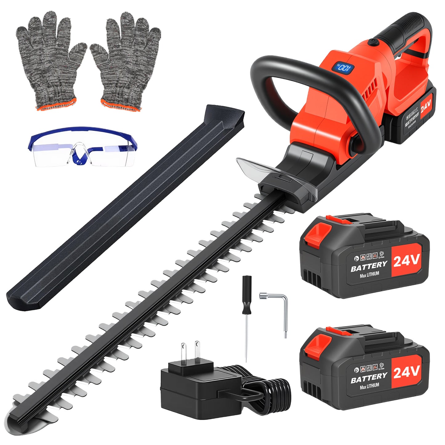 22" Cordless Hedge Trimmer, 21V Electric Hedge Trimmer with 2 x 4000mAh Batteries and Charger, Hedge Trimmer Cordless for Cutting and Trimming Bushes and Shrubs, Red