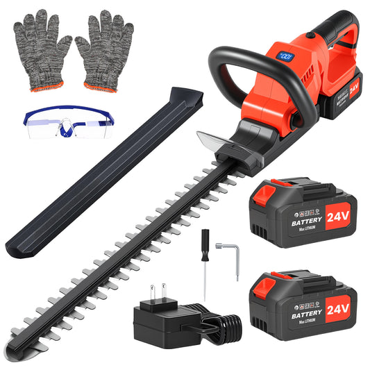 22" Cordless Hedge Trimmer, 21V Electric Hedge Trimmer with 2 x 4000mAh Batteries and Charger, Hedge Trimmer Cordless for Cutting and Trimming Bushes and Shrubs, Red