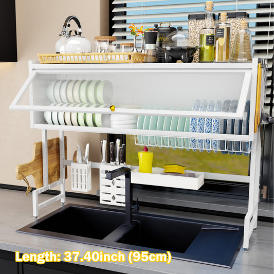 Over Sink Dish Drainers and Dish Racks with a Cover, Dust-Proof Dish Racks for Kitchen Counter, White, Length-37.4"