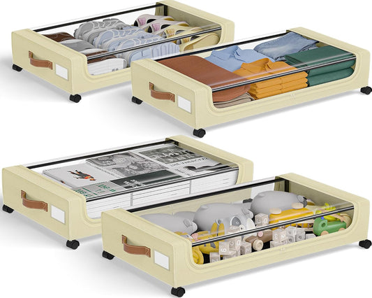 Under Bed Storage with Wheels: XXL Underbed Storage Containers with Lids - Rolling Bins for Shoes Clothes in Dorm Bedroom - Metal Drawers Easy Pull-out Beige 4-Pack