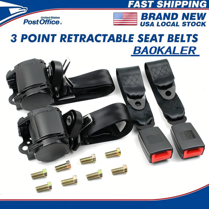 BAOKALER 2 Pack Seat Belt, 3 Point Retractable Seat Belt, Adjustable Car Seat Belt Lap Shoulder, Black