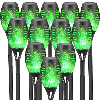Solar Powered Outdoor Lights, 12PK Flickering Flame Solar Lights Outdoor Pathway, Solar Tiki Torches with Flickering Flame, Solar Garden Light Waterproof for Yard Decor, Landscape, Patio, Green LED