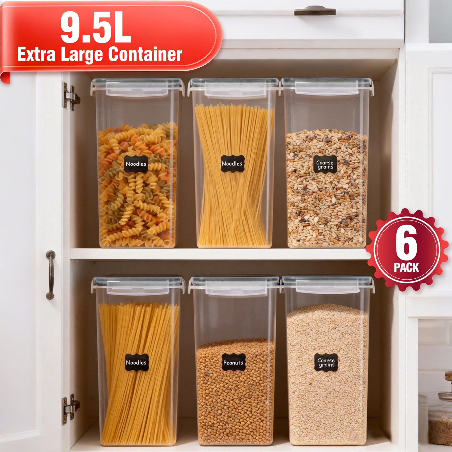 9.5L (6-Pack) Glass Grain Storage Containers with Airtight Lids, 6 Chalkboard Labels with 1 Marker，6 Measuring Cups, Transparent Pantry Organization for Cereals, Pasta, Flour & Dry Food