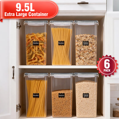 9.5L (6-Pack) Glass Grain Storage Containers with Airtight Lids, 6 Chalkboard Labels with 1 Marker，6 Measuring Cups, Transparent Pantry Organization for Cereals, Pasta, Flour & Dry Food