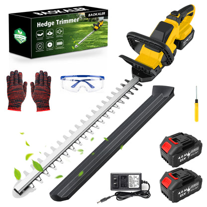 Baokaler 22" Cordless Hedge Trimmer, 21V Dual Action Blade Electric Bush Shrub Trimmer, 4.0Ah Battery & Charger, Yellow