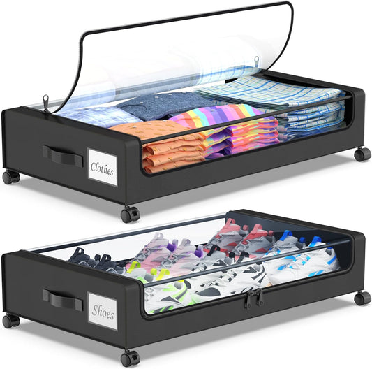 Under Bed Storage with Wheels, Under Bed Storage Containers, Under the Bed Storage Organizer with Clear Lids - Rolling Drawers & Bins for Clothes,Shoes,Toys, 2-Pack (Black)