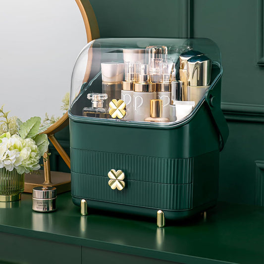 CATGOOD Makeup Organizer Cosmetics Storage with Fully Open Lid, Green, Countertop Cosmetics Display Case, Dresser, Ideal Gift for Women (Dark Green), 10.23*7.08*14.17in