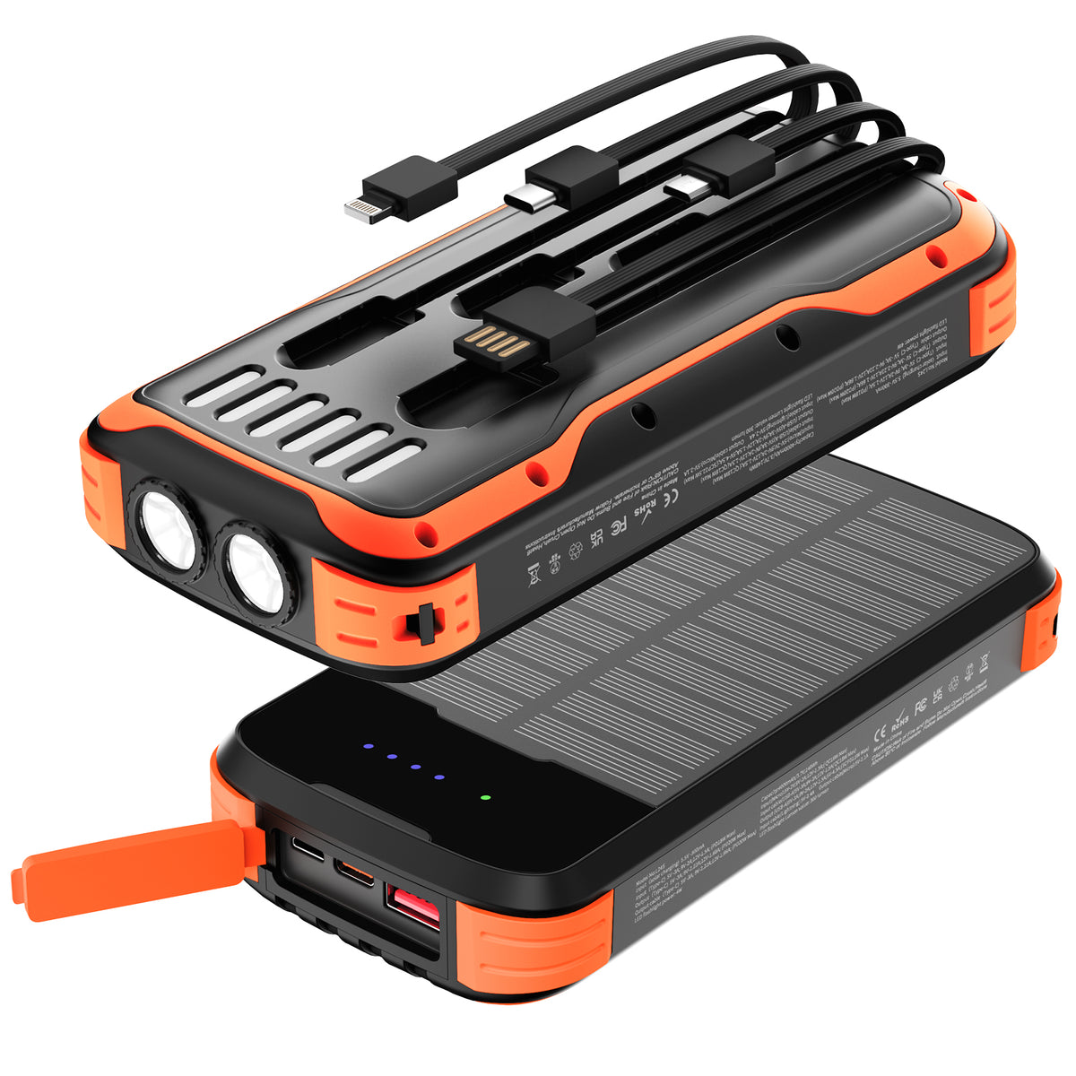 40000mAh Solar Power Bank Orange, Portable Charger 20W PD Fast Charging, Solar Charger Power Bank W/4 Built-in Cables & 9 Charging Ways, Waterproof Dual LED Flashlights for Camping Hiking