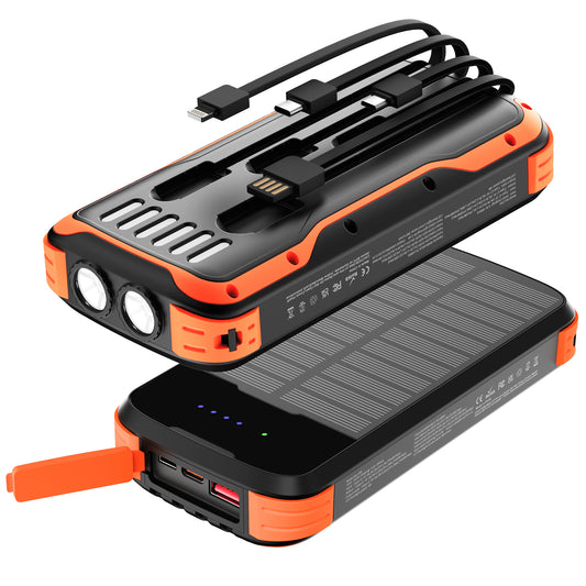 40000mAh Solar Power Bank Orange, Portable Charger 20W PD Fast Charging, Solar Charger Power Bank W/4 Built-in Cables & 9 Charging Ways, Waterproof Dual LED Flashlights for Camping Hiking