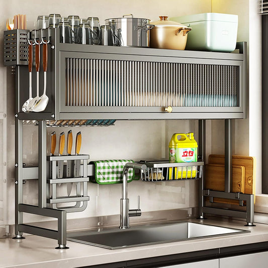 Over The Sink Dish Drying Rack, Adjustable 2 Tier Stainless Steel Large Dish Racks for Kitchen Storage Counter Organizer with Cabinet Doors with Utensil Holder, Black