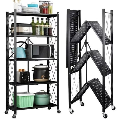 5 Tier Storage Shelves with Wheels 27.9''x 13.4'' x 62.5'' Collapsible Kitchen Rolling Cart, Metal Garage Shelving, Foldable Shelf with Wheels,Storage Rack on Wheel, Foldable Shelf Unit
