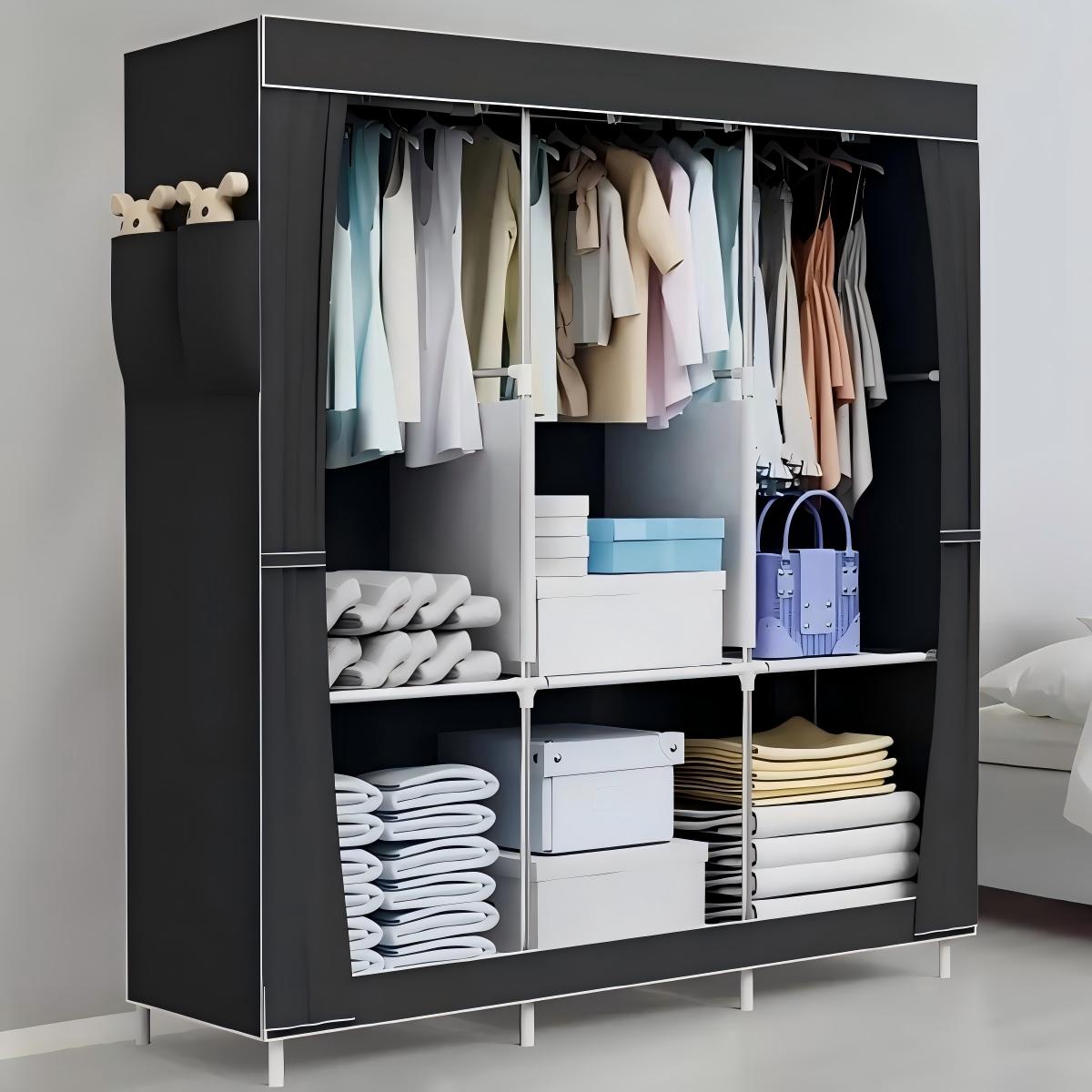 Baokaler Portable Closet Organizer with 6 Shelves & 1 Hanging Rod, Non-Woven Fabric Wardrobe Clothes Storage for Bedroom, Living Room, Cloakroom, Dorm, Apartment, Black