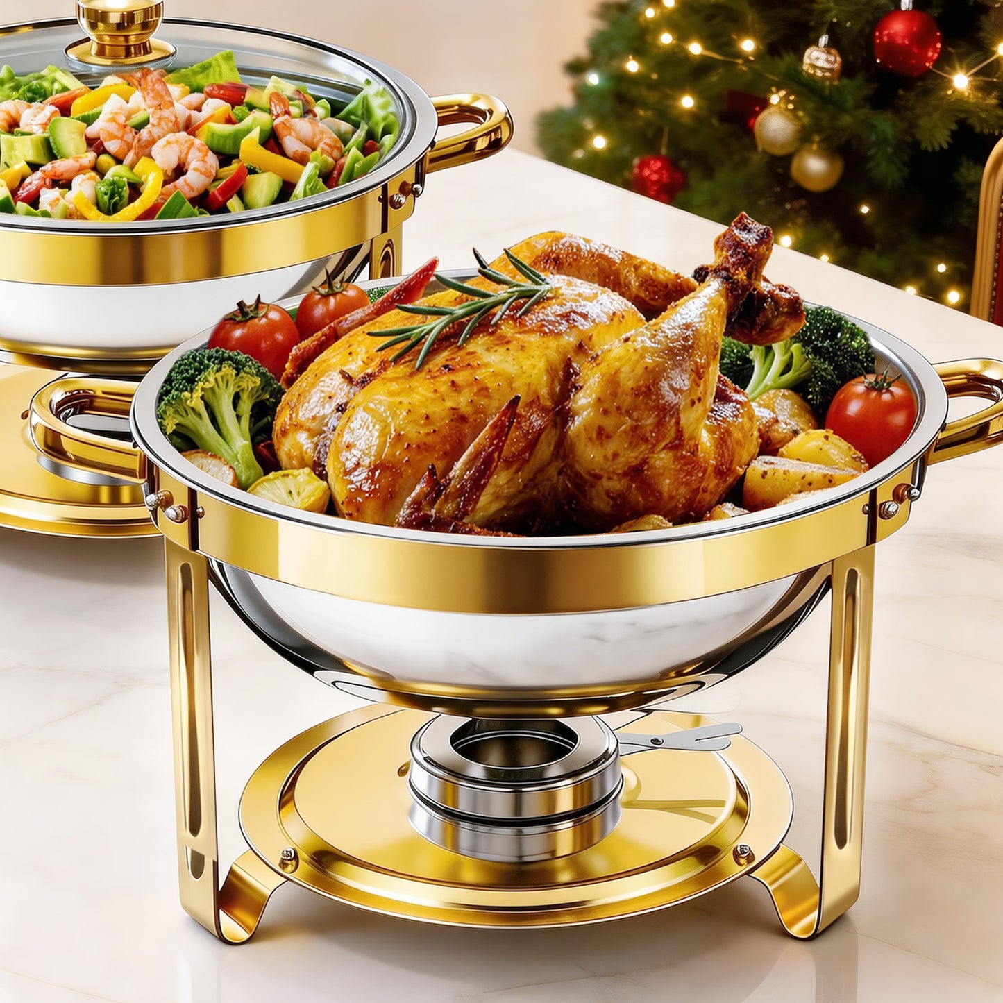 BAOKALER 2 Pack Chafing Dish Buffet Set, 6QT Stainless Steel Food Warmers with Glass Lids & Gold Stands, Buffet Servers for Parties, Weddings, Catering, Home