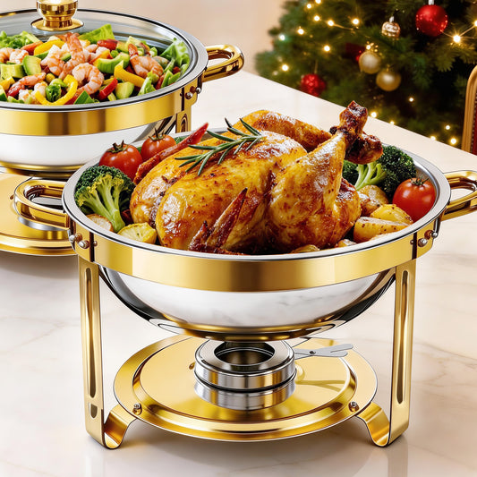 BAOKALER 2 Pack Chafing Dish Buffet Set, 6QT Stainless Steel Food Warmers with Glass Lids & Gold Stands, Buffet Servers for Parties, Weddings, Catering, Home