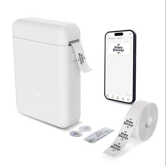 Portable Label Maker Machine with Tape - HP2 Bluetooth Label Printer for Storage, Office, Home, Mini Smart Phone, White