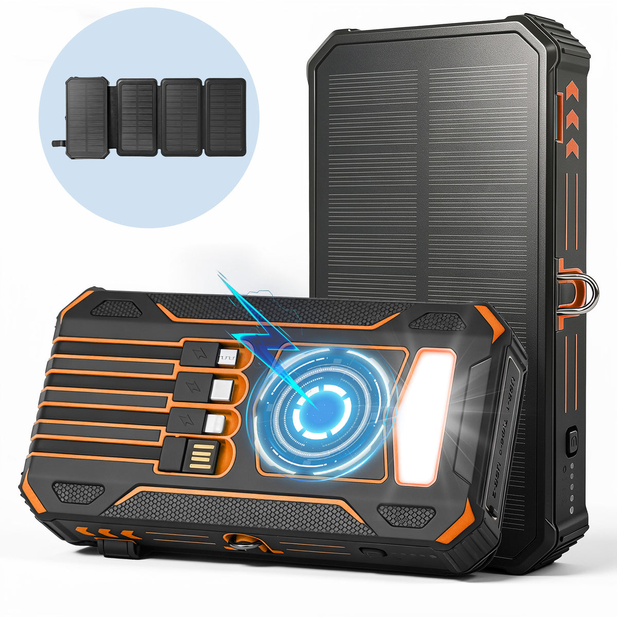 Solar Power Bank 46800mAh, PD15W Fast Charging Solar Charger with 4 Built-in Cables & Wireless Charging, Portable Solar Charger for Cell Phone, Solar Battery Pack for Camping (Orange)