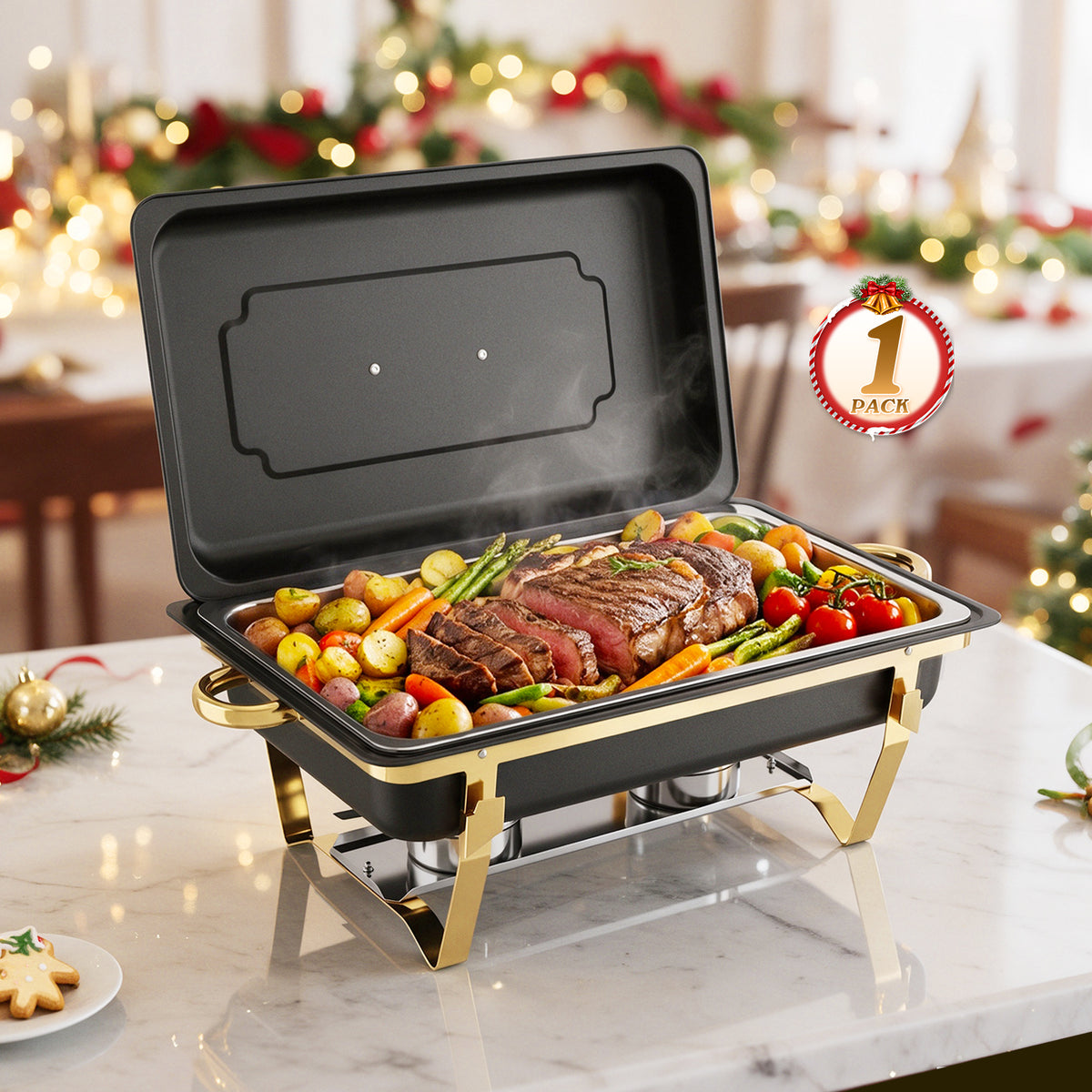 CATGOOD 9QT Black Gold Chafing Dish Buffet Set 1 Pack, Chafing Dishes for Buffet, Buffet Warmer with Scratch-Resistant Coating, Food Warmers for Parties